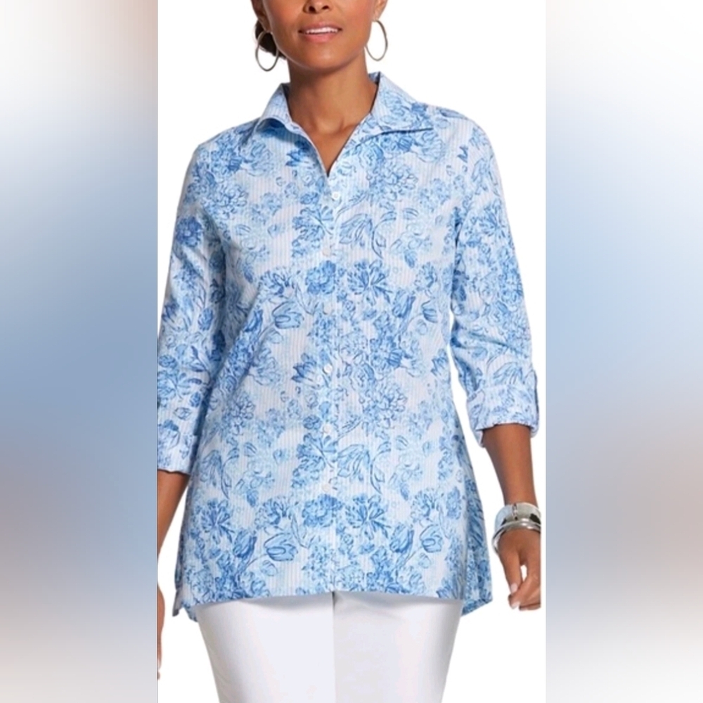 Chico’s No-Iron Effortless Cayla Button-Down Shirt Floral Blue Roll Up Sz 3 - XL
